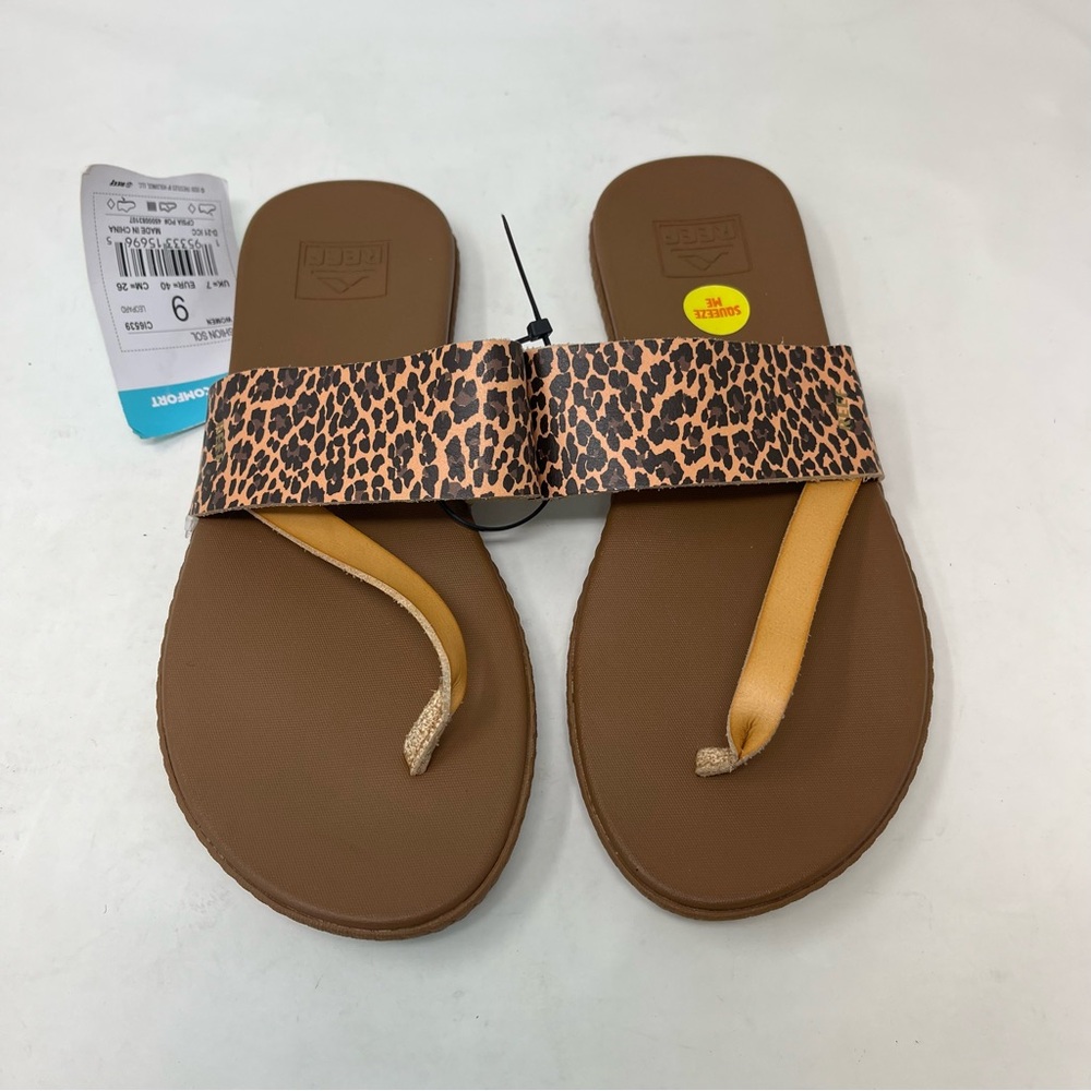 Reef Brown Cushion Sol Diagonal T Strap Flip Flop Sandals Size 9 NWT Leopard